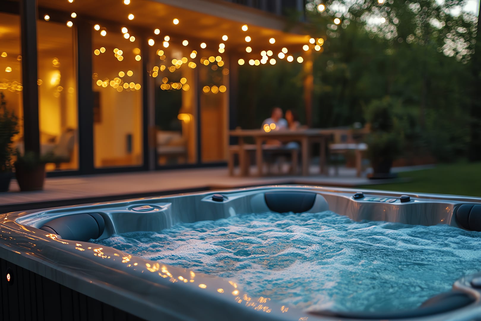 Hot tub glowing at dusk under string lights